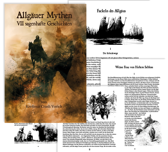 Cover und Innenseiten des Allgäuer Mythen Fantasy Buchs von Kresimir Crash Vorich