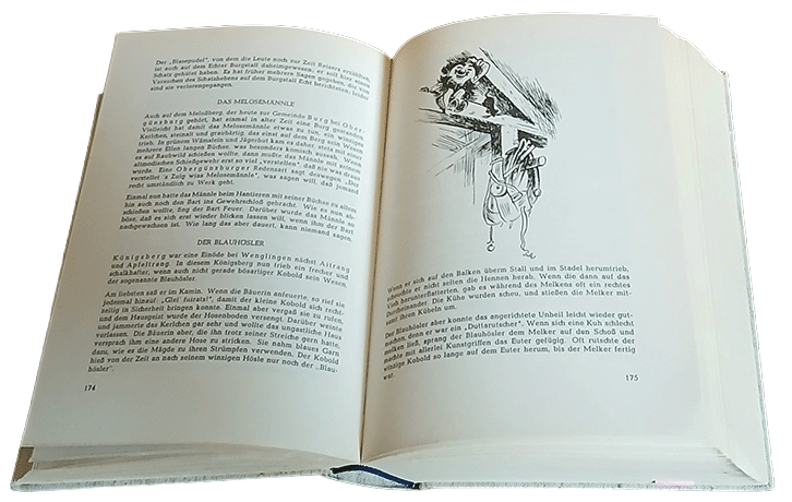 Eine Buch-Illustration der mythologischen Sagengestalt „Wildes Männle“ aus der Sammlung „Allgäuer Sagen“ von Alfred Weitnauer.